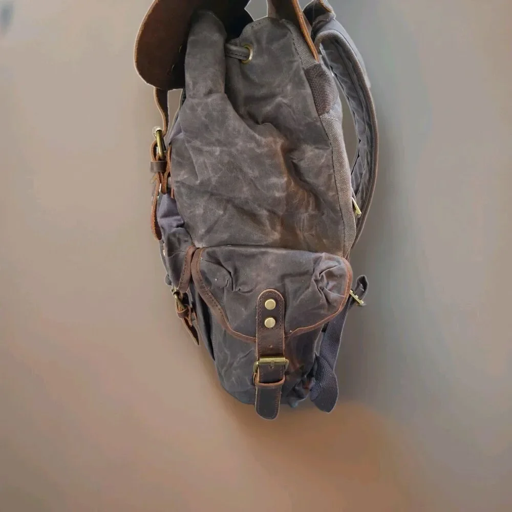 Waterproof waxed canvas back pack, Leather Trim,  rugged, strong, 13 x 6.3 x 17,